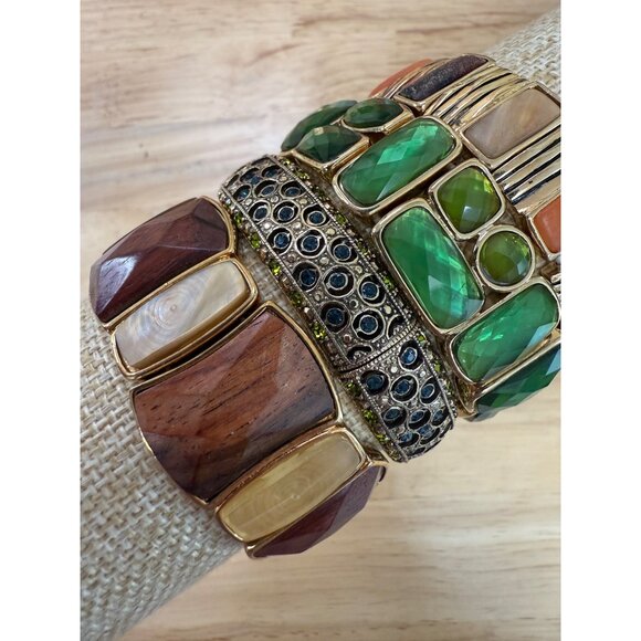 Lot Of 4 Stretch Bracelets With Green Orange & Brown Gemstone Accents & Gold-Ton - Picture 5 of 10